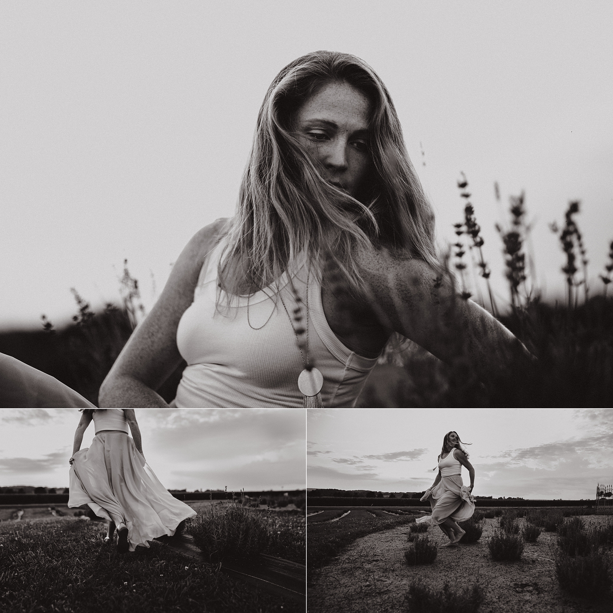 Red headed woman in yellow skirt at sunset in a lavender field.